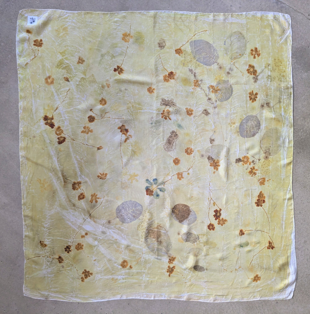 coreposis flower, cotinus smokebush & weld eco-printed silk scarf