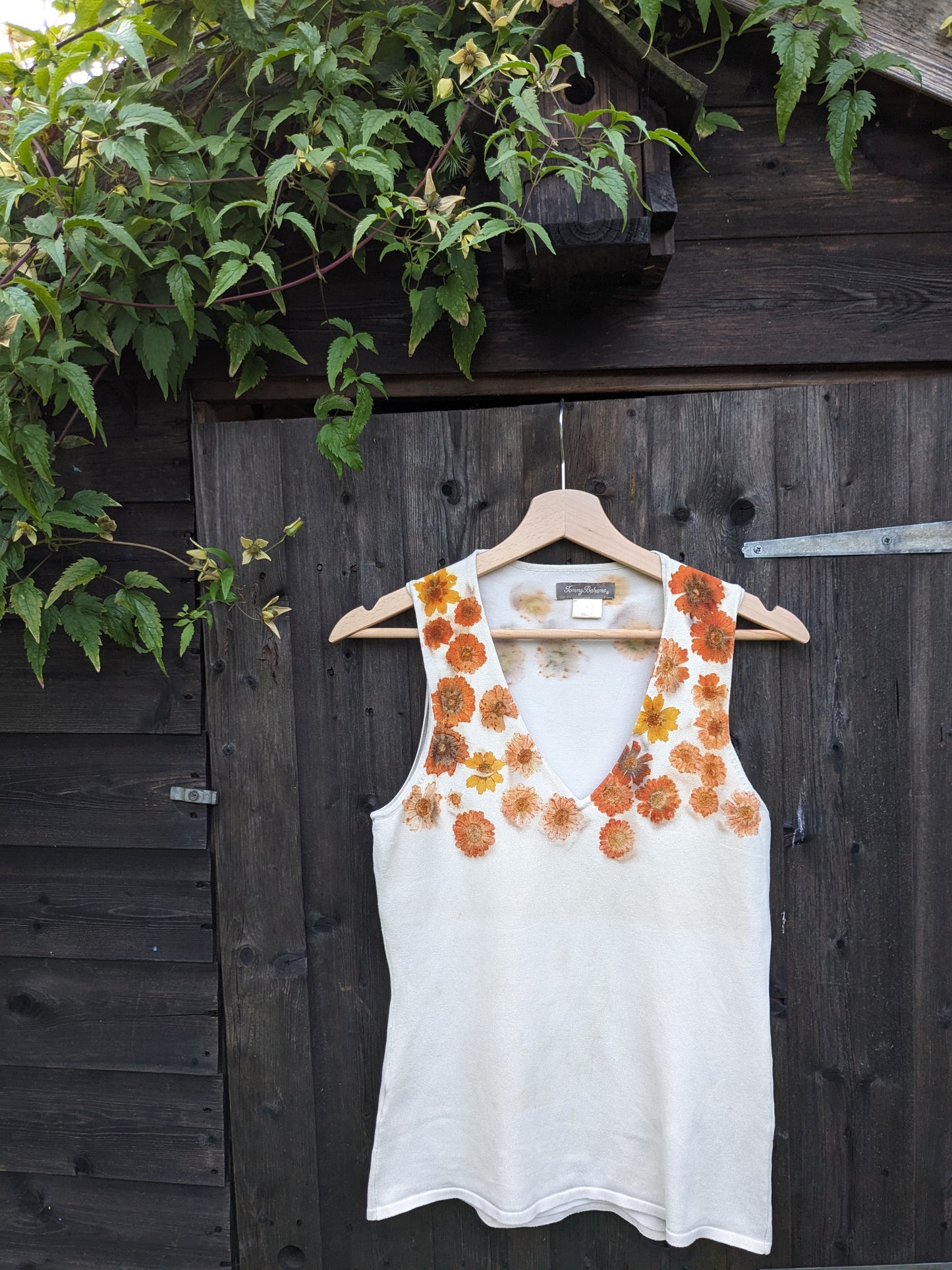 coreopsis eco-printed silk sleeveless top, size: adult S