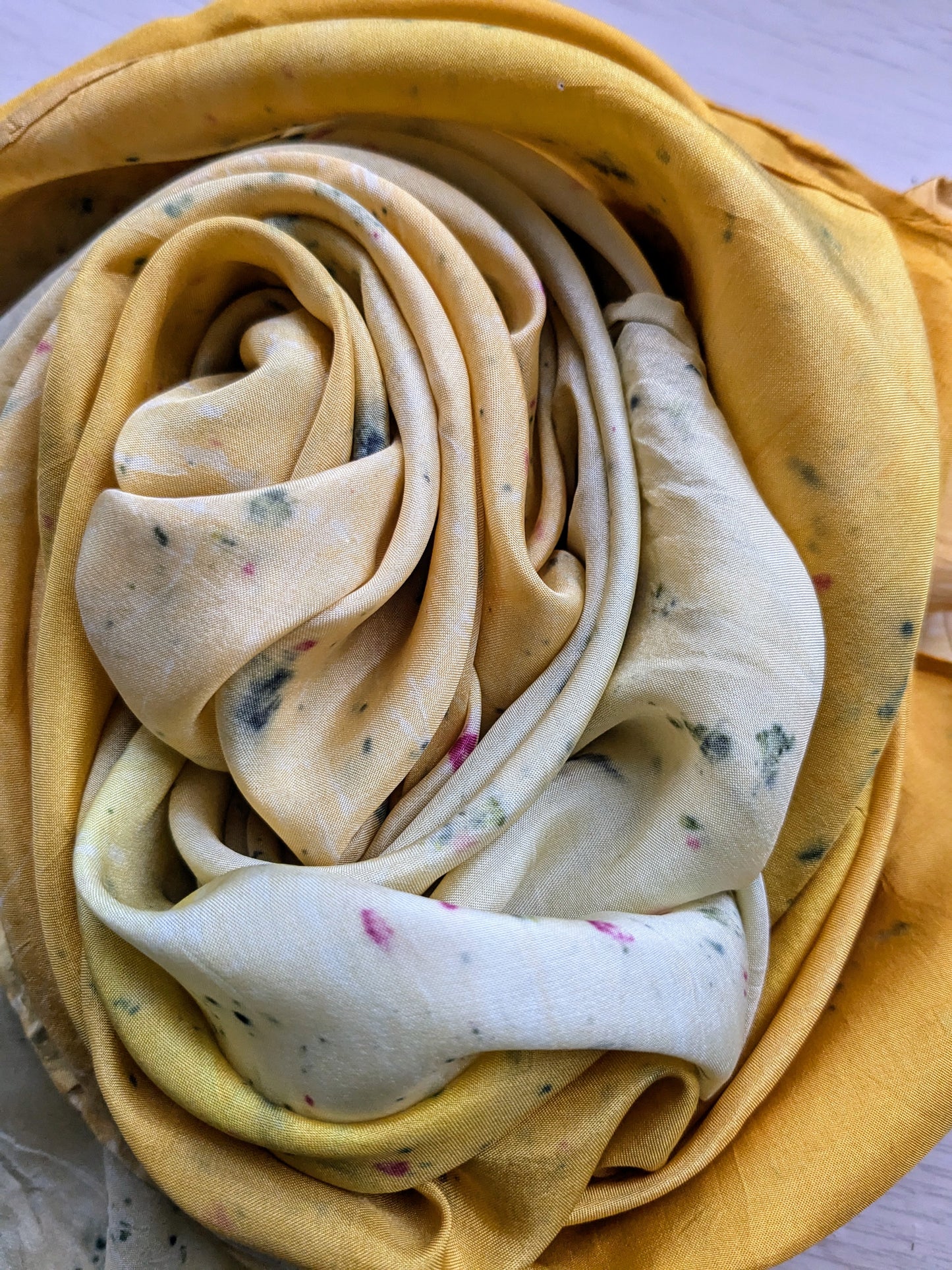dyers camomile, coreopsis, cochineal & scabiosa naturally dyed silk scarf