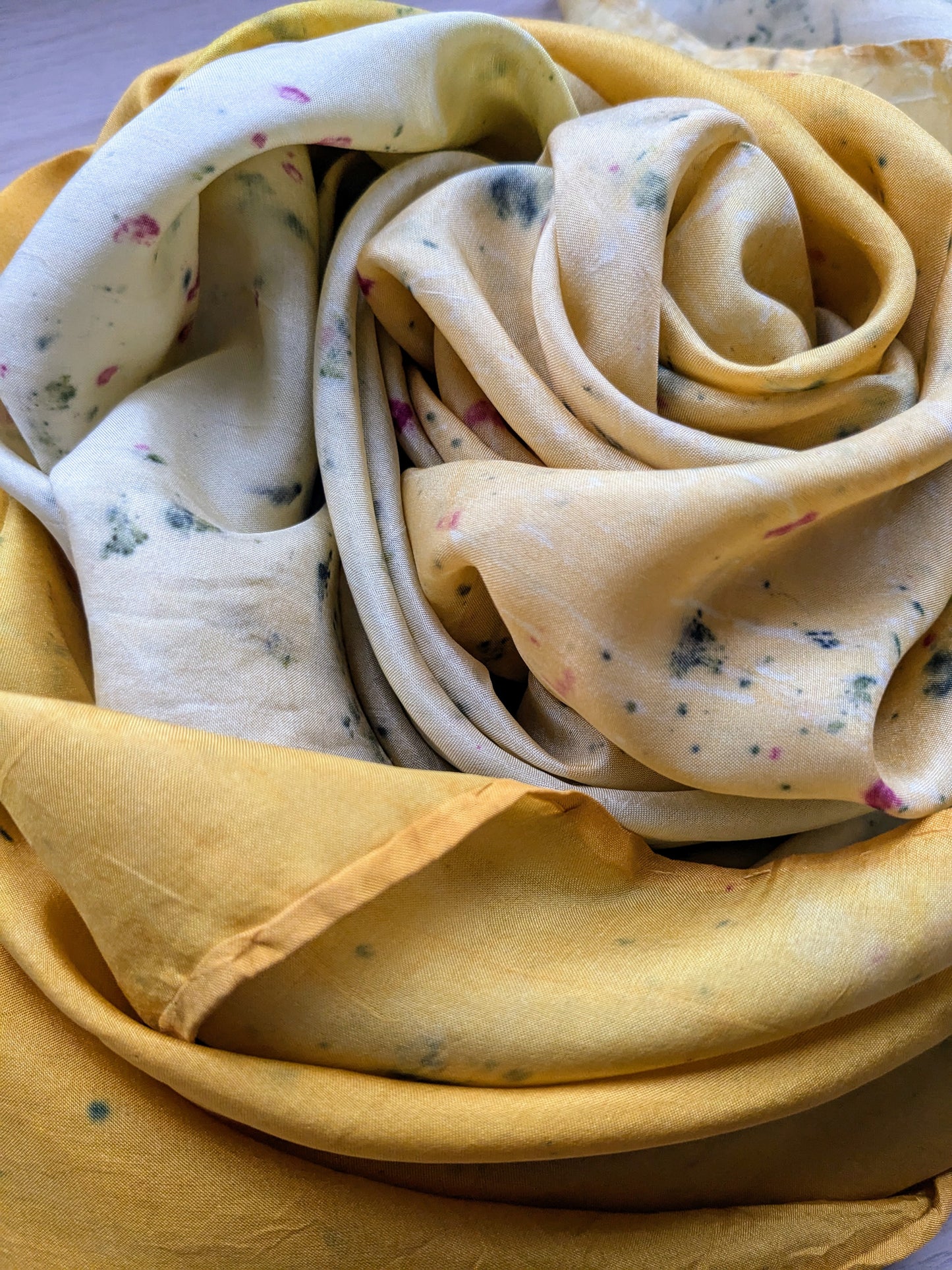 dyers camomile, coreopsis, cochineal & scabiosa naturally dyed silk scarf